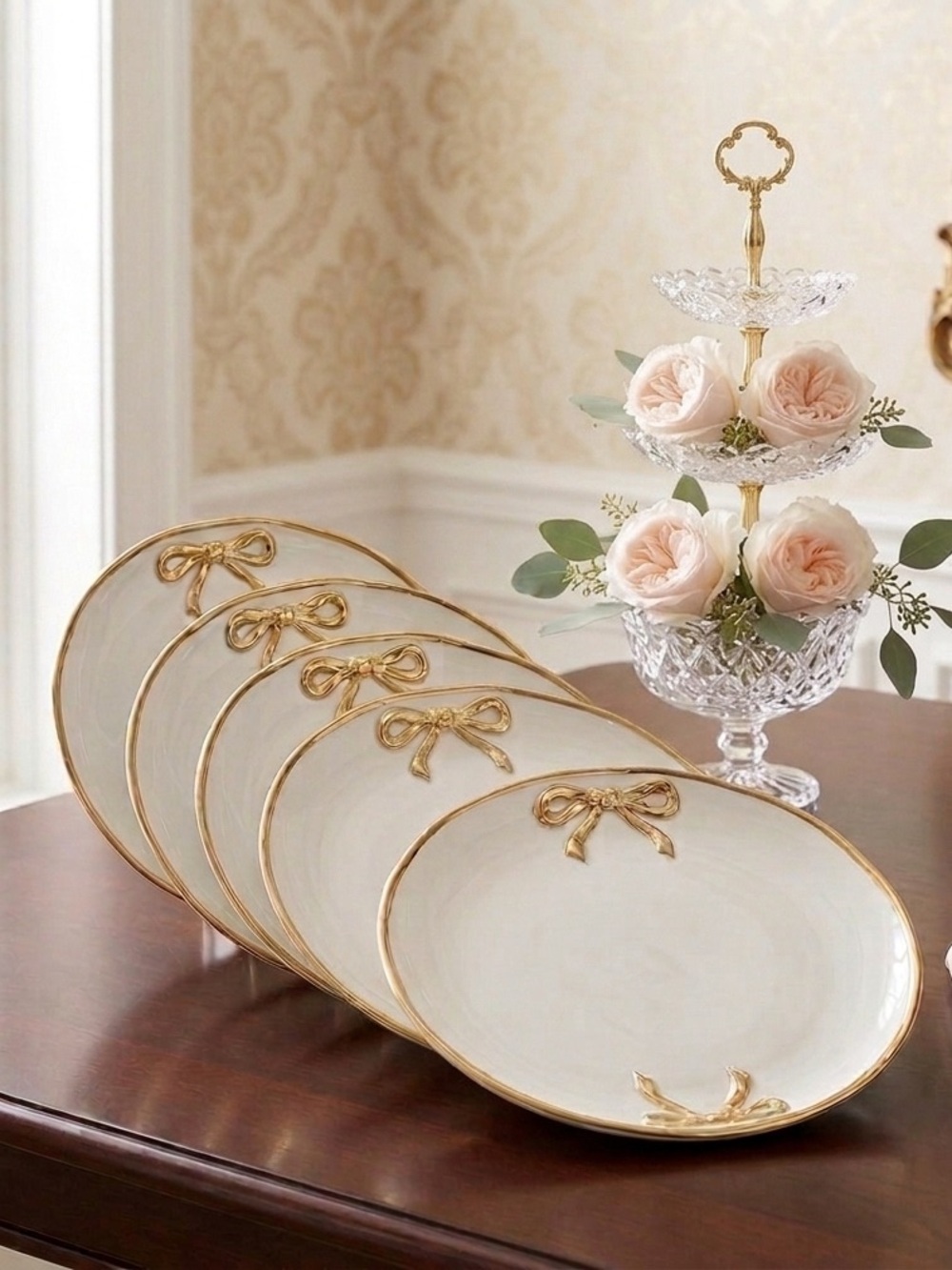 4 White and Gold Ceramic Dessert Plates with Ribbon Accent